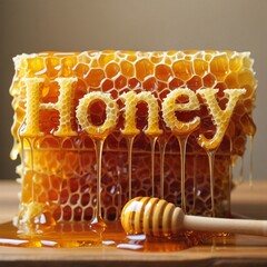  The word "Honey" carved from beeswax honeycomb, dripping with golden honey, captured with soft warm lighting in a realistic style.