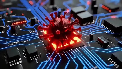 Computer Virus on a Circuit Board, Cybersecurity Threat and Malware Concept Animation - Powered by Adobe