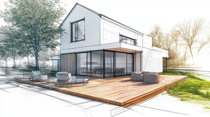 Architectural drawing of a modern house with a wooden deck, in a modern farmhouse style, , on a white background, pencil sketch.