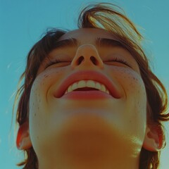 Uplifting portrait of a smiling woman against a serene turquoise sky