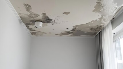 Damaged ceiling with water stains, white walls, interior of a modern home, neutral tones, close-up.