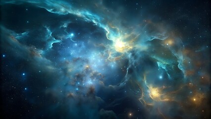 A vibrant nebula with swirling clouds of blue and gold dust scattered with bright shining stars light
