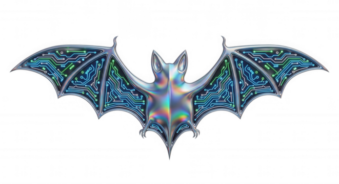 Holographic futuristic bat with circuit board wings isolated on transparent background