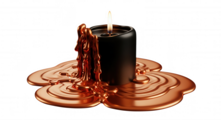 Black candle with melted copper wax drips isolated on transparent background