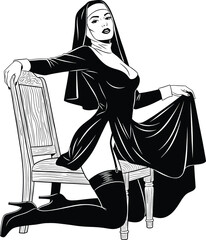 Seductive Black and White Pin-up Illustration of a Nun Kneeling by a Vintage Chair