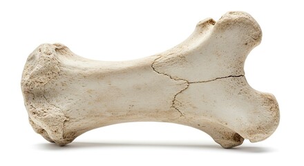 Fototapeta premium A cracked bone with knobby ends lies horizontally against a white background casting a slight shadow