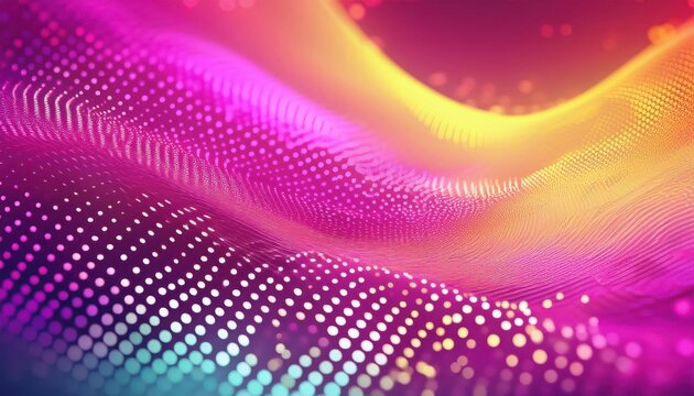 vibrant fluid wave of glowing purple and yellow dots with digital gradient abstract design