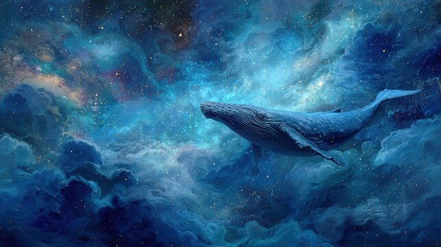 ethereal whale floating in celestial dreamscape at night