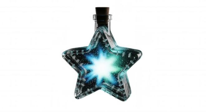 A glowing starshaped bottle filled with cosmic light isolated on transparent background