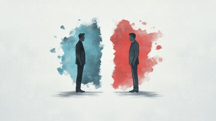 An illustration of a conflict mediation concept, depicting a professional mediator facilitating a settlement and peace agreement process between two opposing parties to resolve a dispute.