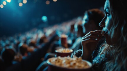 Close Up Shot of An audience watching an experience film eating popcorn.