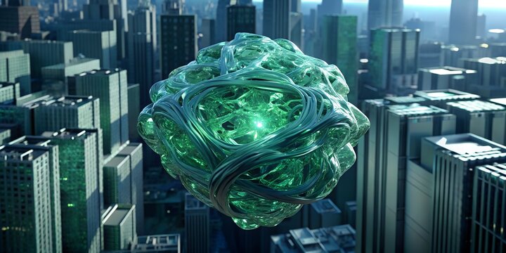 Abstract glowing green sphere hovering over a cityscape with tall buildings and a futuristic design