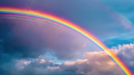 close-up of a big beautiful bright rainbow, vivid colors, arcing across the sky, with soft clouds in the background, natural light, serene atmosphere, high contrast, vibrant hues, 16:9 aspect ratio