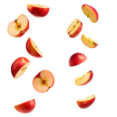 Fresh apple slices falling on transparent background, cutout