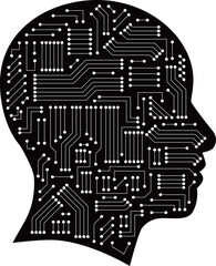 A conceptual illustration of a human head silhouette filled with circuit board lines and nodes. Perfect for themes of AI, technology, digital innovation, and the future of computing.