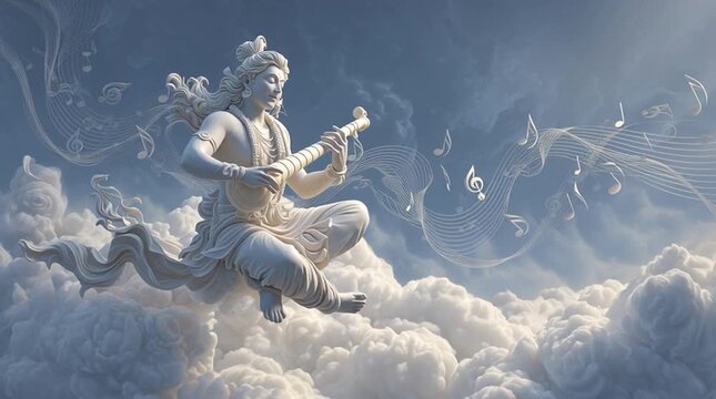 The divine sage Narada rendered in smooth white marble, symbolic artistic depiction of wisdom, devotion, and spirituality