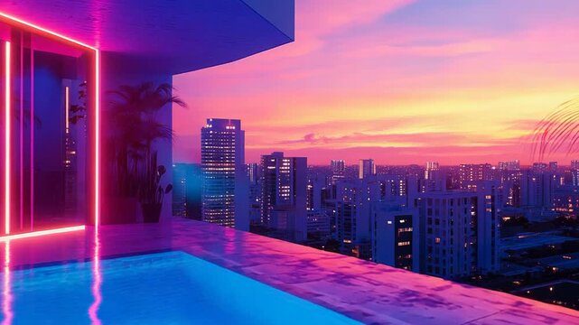 Rooftop infinity pool overlooking vibrant cityscape at sunset