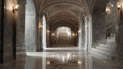 Obraz premium luxurious hallway with marble flooring and elegant stairs generative ai