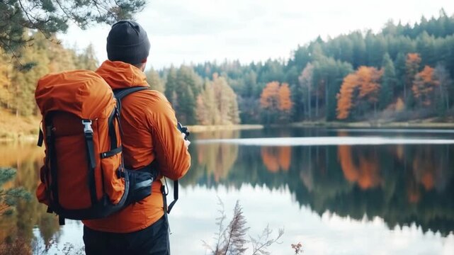 Hiker photographer backpack lake autumn forest nature travel lifestyle scene. Man taking photo near calm water reflection, outdoor adventure exploration concept, colorful fall trees, peaceful wilderne