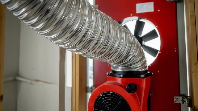 Close view of handheld manometer readings as blowerdoor fan circulates air for comprehensive airtightness diagnostics in building envelope.