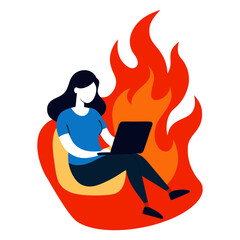 Vector illustration of a girl operating a laptop in a burning fire