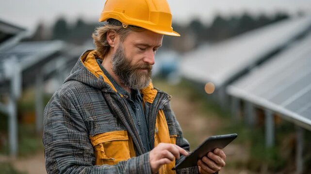 Engineer in Helmet Using Tablet on Solar Farm with Solar Panels and Natural Landscape in Background, Focused on Renewable Energy Technology Solutions