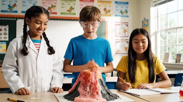 Three diverse children enthusiastically conduct a fascinating volcano science experiment in a bright classroom, fostering curiosity and hands-on learning.