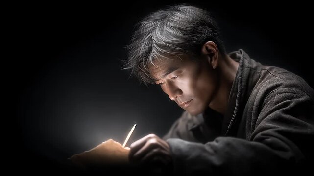 An elderly man writing attentively in dim light