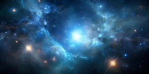 A vibrant nebula with bright stars and swirling clouds of blue and white cosmic dust in deep space view