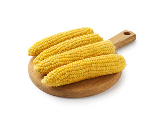 Tasty boiled corn cobs isolated on white