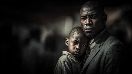 Obraz premium a strong looking black man in a clean business suit, with a determined look on his face standing firm with his arm around his son holding him close to his body during hard times.