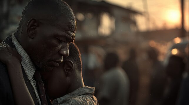 a strong looking black man in a clean business suit, with a determined look on his face standing firm with his arm around his son holding him close to his body during hard times.