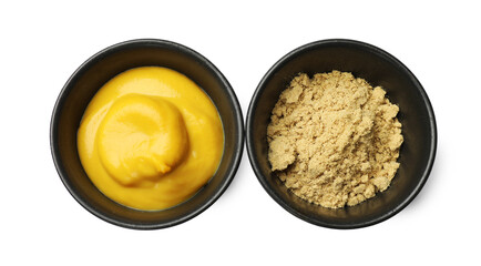 Different types of mustard isolated on white, top view