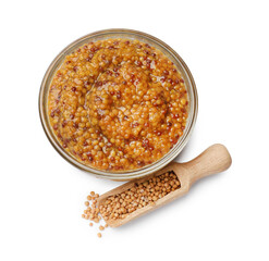 Whole grain mustard in glass bowl and scoop isolated on white, top view