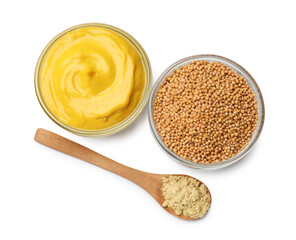 Different types of mustard isolated on white, top view