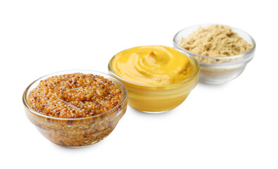 Different types of mustard isolated on white