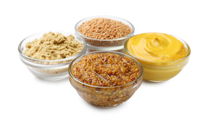 Different types of mustard isolated on white