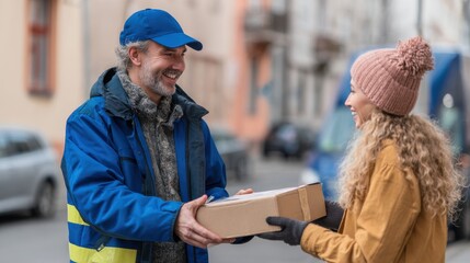 Fototapeta premium delivery driver handing package to customer, street background, natural light