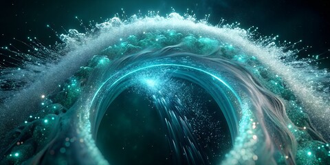 A swirling vortex of water with glowing particles and a bright neon ring in a dark teal background