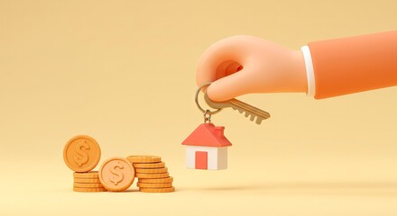 A hand holds a house key next to a stack of gold dollar coins on a tan background