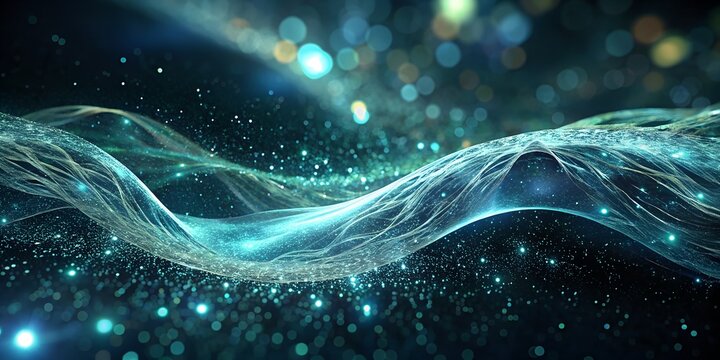 Abstract glowing turquoise waves and particles on a dark background with bokeh effect lights