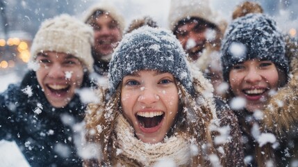 people season winter holidays and christmas concept  happy friends playing with snow outdoors no logos no brands ar 169