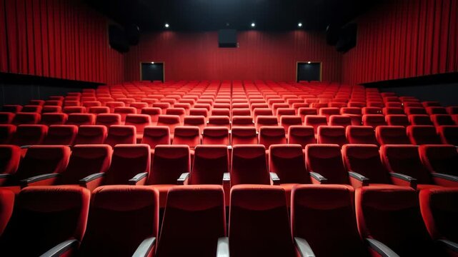 Wide-angle shot of an empty theater with rows of red seats, creating a cinematic atmosphere, perfect for a video about film experiences. Live desktop wallpaper.