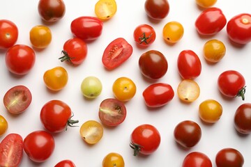 Different ripe tomatoes on white table, flat lay