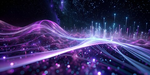 A futuristic landscape with glowing purple waves and light beams against a starry night sky background