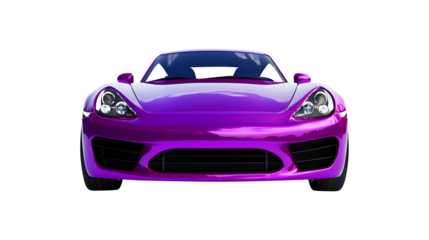 Vivid purple sports car front view with black accents isolated on a transparent background