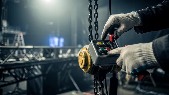 Tracking closeup on hands adjusting chain hoist controls while lifting concert stage elements during final setup.