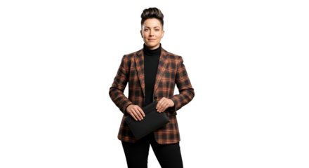 Confident modern businesswoman in stylish plaid blazer and turtleneck, holding a clutch, perfect for professional profiles, corporate branding, entrepreneurship, and career development,