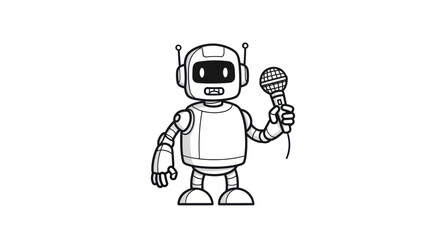 Cartoon Robot Holding Microphone, Black and White Illustration.