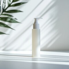 Minimalist product presentation with soft daylight and plant shadows